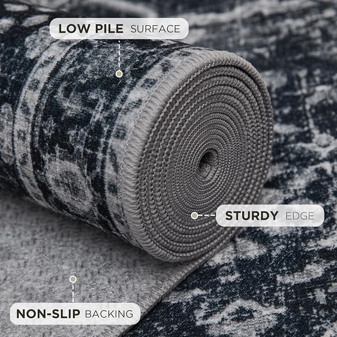 Joydeco 5x7 Area Rugs for Living Room, Non Slip Machine Washable Vintage Rug, Low Pile Thin Chenille Print Rugs for Bedroom, Dining Room, Pet & Child Friendly, Home Office, Dark Gray&Light Gray&Black