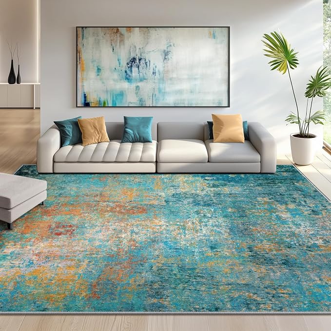 RELEANY Washable Area Rugs 10'x14 Non-Slip Modern Abstract Soft for Living Room Entryway Bedroom Kitchen, Print Pattern, Teal Blue Green Orange Rust Red Coloreful