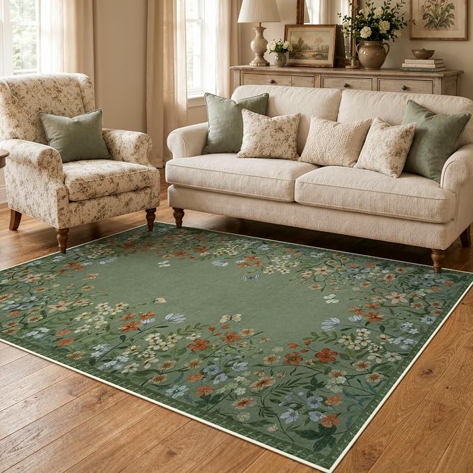 Wonnitar 4x6 Washable Area Rug, Green Floral Rug for Living Room, Boho Rug for Bedroom, Non Slip Ultra Thin Entryway Carpet, Farmhouse Kitchen Home Office Decor (4x6 Green)