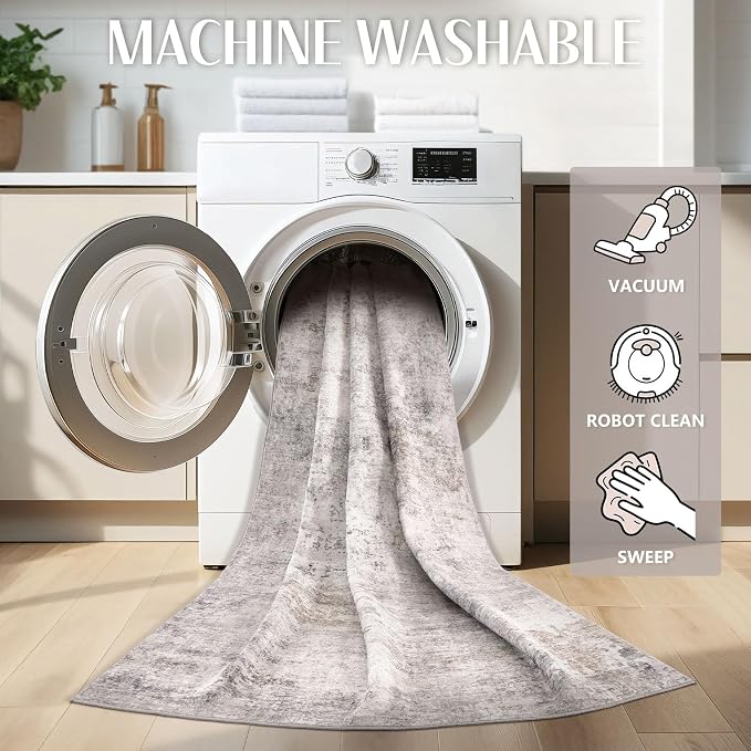 Abstract 6x9 Area Rug: Machine Washable Non Slip Ultra Thin Low-Pile Carpet, Soft Stain Resistant for Living Room Bedroom Nursery, Kid Pet Friendly, Robot Vacuum Compatible - Brown Grey