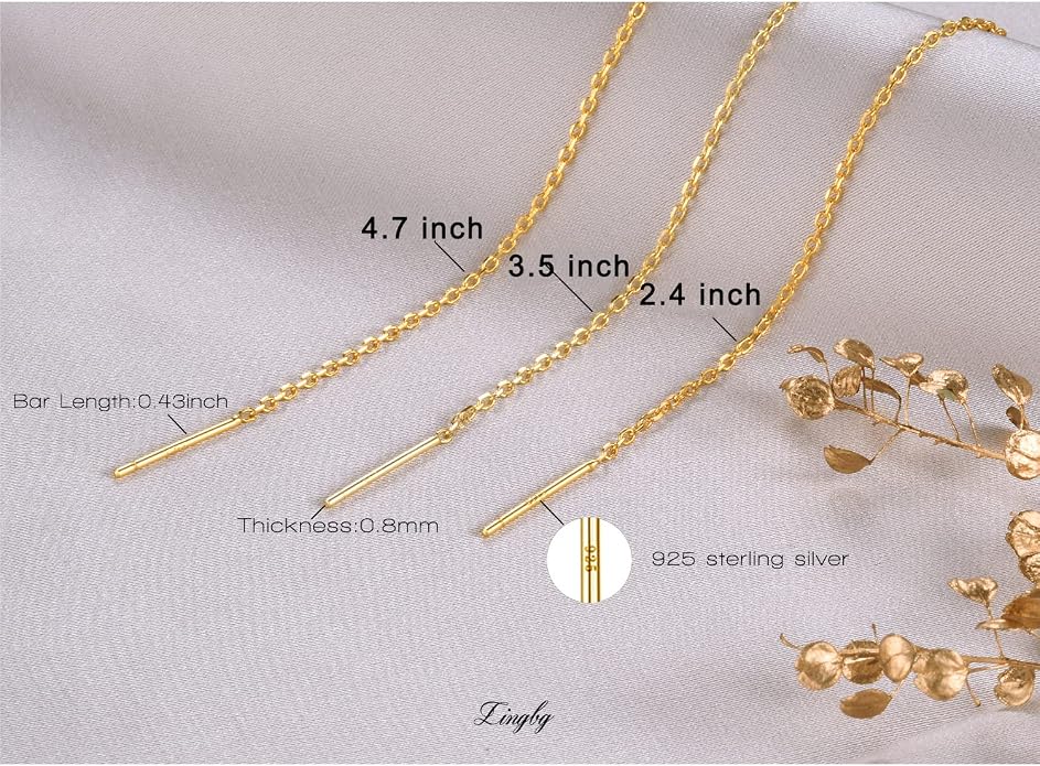 3 Pairs Threader Earrings 925 Sterling Silver Long Chain Earrings Bar/Ball Wrap Threader Drop Earrings for Women Lightweight Minimalist Mother's Day Jewelry Set