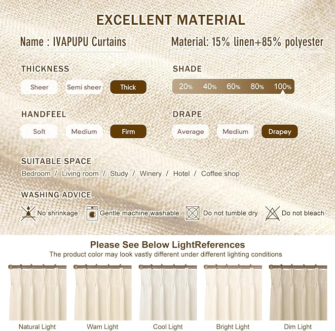 Cream Beige Pinch Pleated Full Blackout Linen Curtains for Bedroom, Black Out Curtains 84 Inches 1 Panel for Living Room Darkening Thermal Insulated Neutral Pleat Drapes with 12 Hooks, 70''Wx84''L