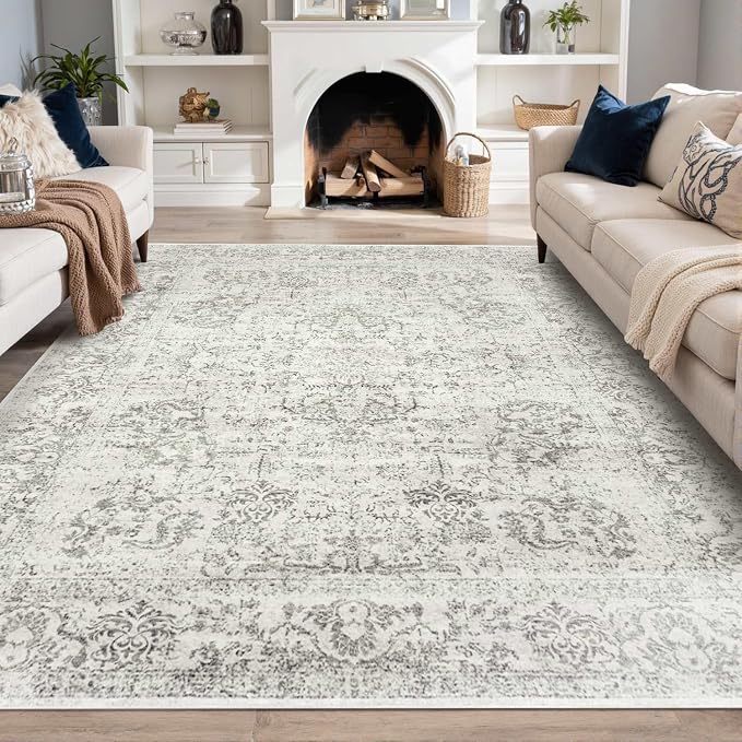 Rugxara 8x10 Washable Area Rug for Living Room, Extra Large Neutral Vintage Boho Rugs for Office, Kids Room, Farmhouse, Durable Low Pile Non Slip Carpet for High Traffic Areas, Light Grey
