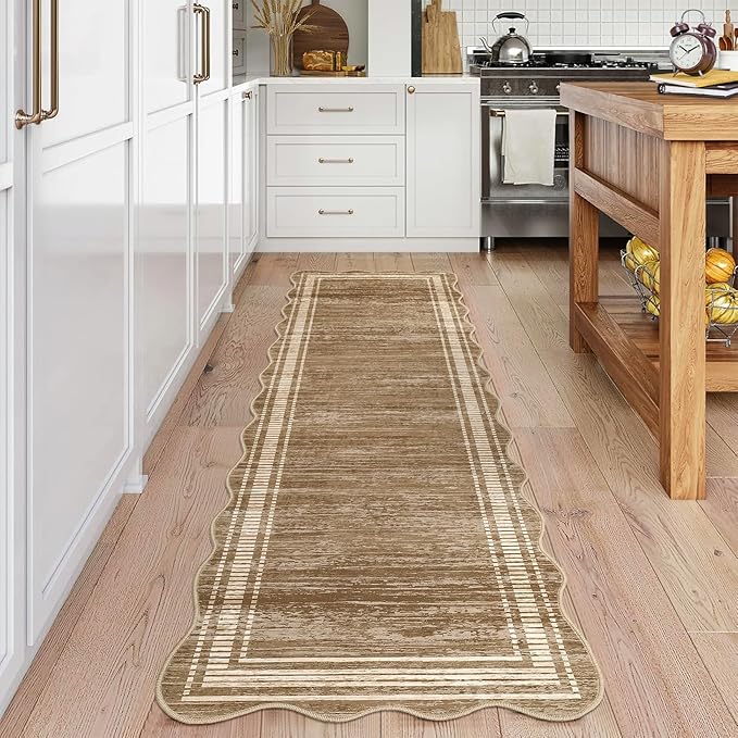 Garvee Scalloped Washable Runner Rugs for Hallway 2x6 Kitchen Runner Rug, Non Sip Bathroom Soft Rug Runner, Low Pile Modern Abstract Scalloped Indoor Carpet for Entryway Laundry Room Foyer, Brown | Modern Long Runner Rug for Entryway Bedroom, Non Slip ...