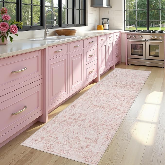 Pink 3x7 Runner Rug for Hallways Bed Side Kitchen, Boho Washable Distressed Low-Pile Floor Entryway Long Bathroom Mat, Non-Slip Laundry Room Washstand Front Carpet 36x84 Inch