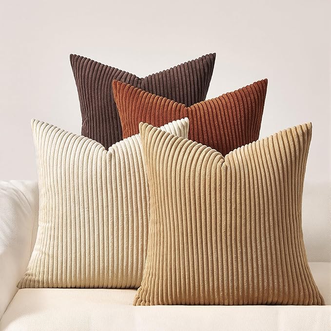 Topfinel Set of 4 Soft Farmhouse Corduroy Striped Decorative Cushion Cover Boho Throw Pillow Covers 22x22 Inch Beige Brown Gradient Rustic Pillow Case for Sofa Couch Living Room Bedroom