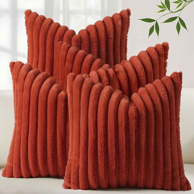 decorUhome Fall Faux Fur Throw Pillow Covers 16x16 Set of 4 Rust | Decorative Modern Farmhouse Soft Cozy Striped Pillow Cases Velvet Back for Sofa Bed Living Room Classic Accent Home Decor