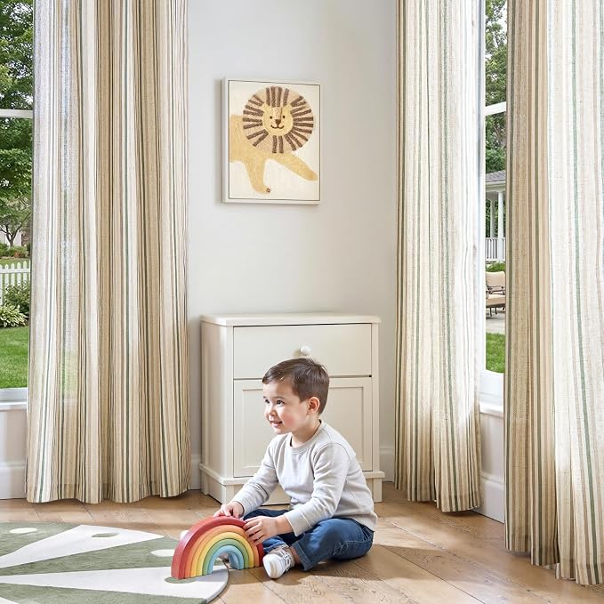 jinchan Linen Curtains 96 inch Green Stripe for Kids Room Grommet 2 Panels | Kids Curtains for Nursery Living Room Bedroom Baby Boys Room,Cute Colorful Ticking Stripe,Cottagecore Rustic,Light Filtering
