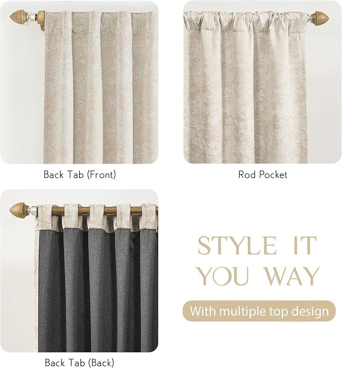 Beauoop Beige Floral Jacquard Blackout Curtains for Bedroom 52x96 2 Panels | Flower Chenille Room Darkening Drapes for Living Room 96 Inch Long Thermal Insulated Soundproof Window treatment Rod Pocket