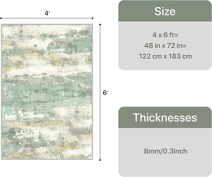 GENIMO 4x6 Rug for Entryway Washable Area Rug, Modern Abstract Small Throw Rugs for Entrance Living Room, Bedroom Beside Non-Slip Low Pile Lightweight Soft Carpet, Light Green