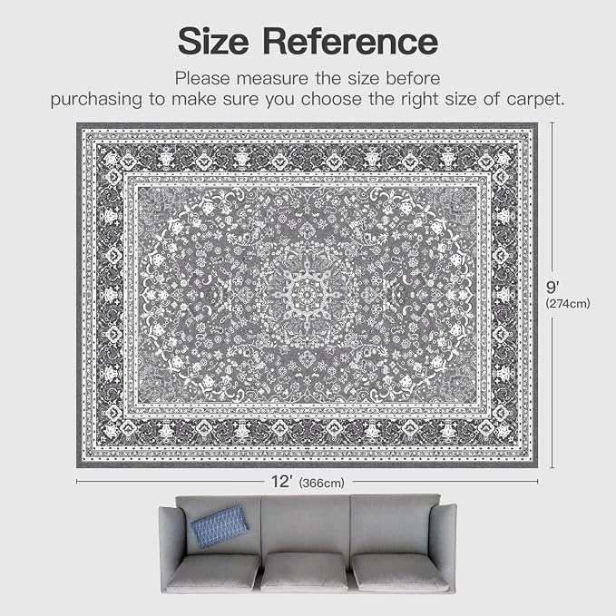 Lofus 9x12 Area Rugs for Living Room, Machine Washable Non-Slip Area Rug, Low Pile Large Rugs for Bedroom, Kitchen, Dining Room, Home Office, Vintage Oriental Print Rug, Light Grey with White