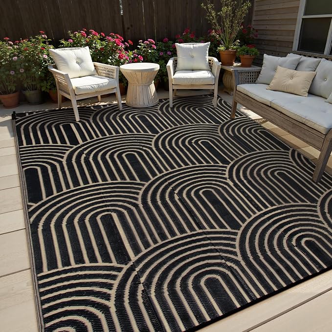 Lahome Black Outdoor Rugs 8x10 Waterproof,Boho Outdoor Porch Rug for Camping, Plastic Straw Stain Resistant Mats for Outside Rv Beach Backyard Garden Under Awning(Black,8'x10')