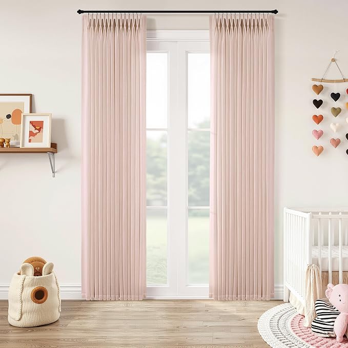 Light Pink Linen Curtains Pinch Pleated 120 Inch Length 2 Panels for Nursery Baby Girls Bedroom Semi Sheer Light Filtering Pleated Linen Curtains for Living Room Bedroom Dusty Blush Pink