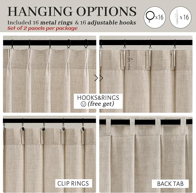 Custom Natural Linen Pinch Pleated Room Divider Curtains 78 Inches Long 2 Panels Set, Memory Trained Light Filtering Heavy Drapes Privacy Semi Sheer Country Windows Curtain with Adjustable Hooks Decor