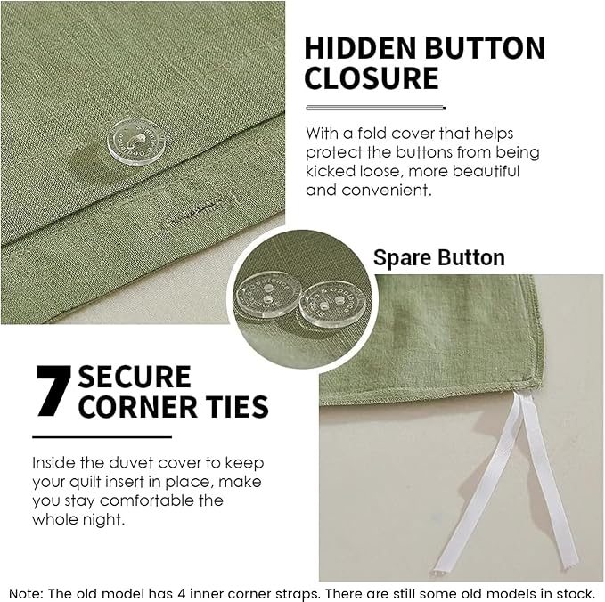 Simple&Opulence 100% Linen Duvet Cover Set 2pcs Basic Style Natural French Washed Flax Solid Color Soft Breathable Farmhouse Bedding with Button Closure - Sage Green, Twin