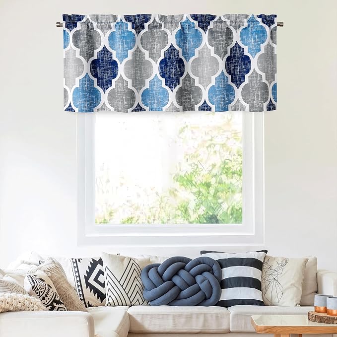 Beauoop Moroccan Valance Curtains for Kitchen Cafe Blue Grey 52x18 1 Panel | Geometric Blackout Short Curtains for Living Room Bedroom 18 Inch Length Thermal Quatrefoil Small Window Curtains Rod Pocket