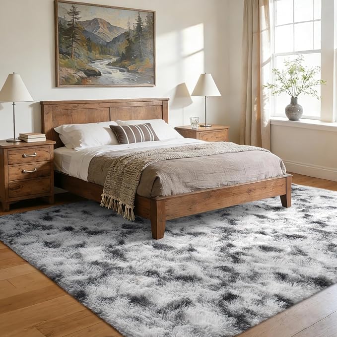 Large Shaggy 6x9 Area Rugs for Living Room Decor, Non-Slip Tie-Dyed Rugs for Bedroom Kids Playroom Dorm Room, High Pile Ultra Soft Carpet, Black White