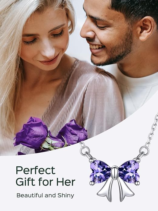 ChicSilver Bow and Cat Birthstone Necklace, 925 Sterling Silver Pendant Necklaces for Women, Hypoallergenic Silver Choker with 16 inch Rolo Chain, 12 Months Jewelry for Valentines Mothers Day Christmas