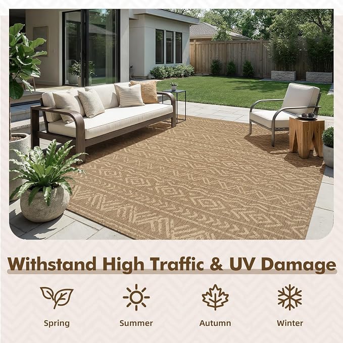 MontVoo-Outdoor Rug-Patio Rug 6x9 Polypropylene Indoor Outdoor Rugs Outdoor Carpet for Patio Deck Balcony Porch, Textured Weave, Durable for High Traffic, Fade-Resistant, Boho Farmhouse Neutral Brown