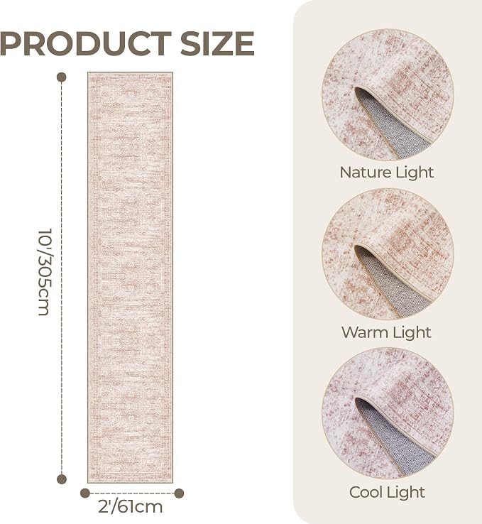 2x10 Runner Rug Non Slip,Washable Hallway Runner Rug,Pink | Long Neutral Rugs for Kitchen,Entryway,Bedroom,Bathroom,Laundry Room,Thin,Soft Runner Rug,Stain Resistant Indoor Carpet