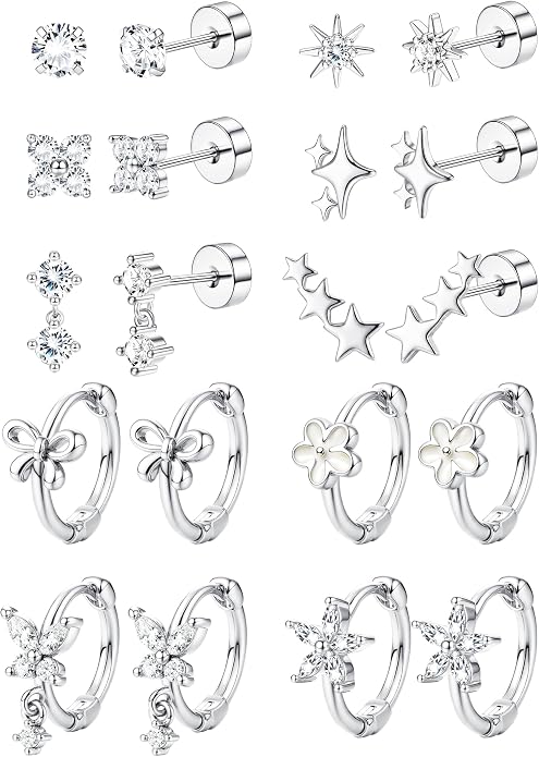 SAILIMUE Hypoallergenic Flat Back Earrings for Girls Women - Cute Toddler Kids Earrings Set Surgical Stainless Steel Earring for Sensitive Ears Small 14K Gold Plated Stud Hoop Earring Stacks