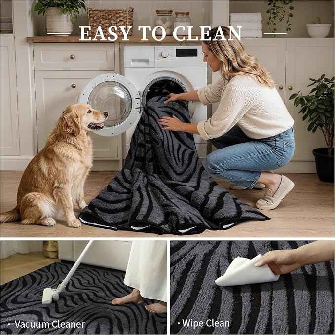 YIHOUSE 5×7 Ft Zebra Area Rugs Black and Grey: Washable Nonslip Plush Soft Rug for Living Room - High-Low Striped Carpet for Bedroom Dining Room Office Playroom Nursery Home Decor