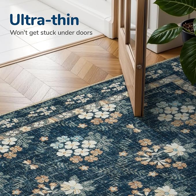 Lessymo Dining Room Rugs for Under Table, 6x9 Washable Area Rug for Living Room, Low Pile Non-Slip Floor Carpet for Bedroom, Stain Resistance Vintage Floral Design Décor, Navy/Beige