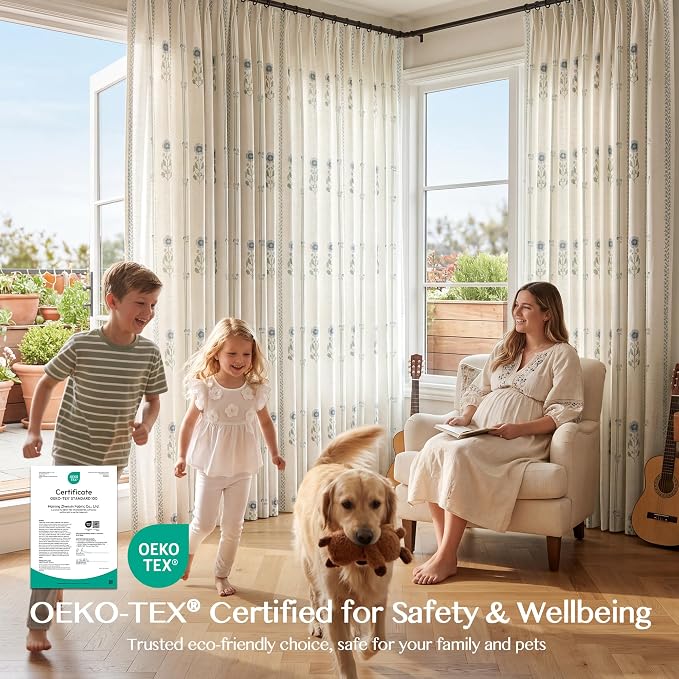 THREE GIRLS Luxury Light Filtering Floral Curtains: Pinch Pleated Long Curtains for Living Room Bedroom Dining Room - 108 Inches Linen Drapes Farmhouse Window Curtains with Hooks - 2 Panels Set