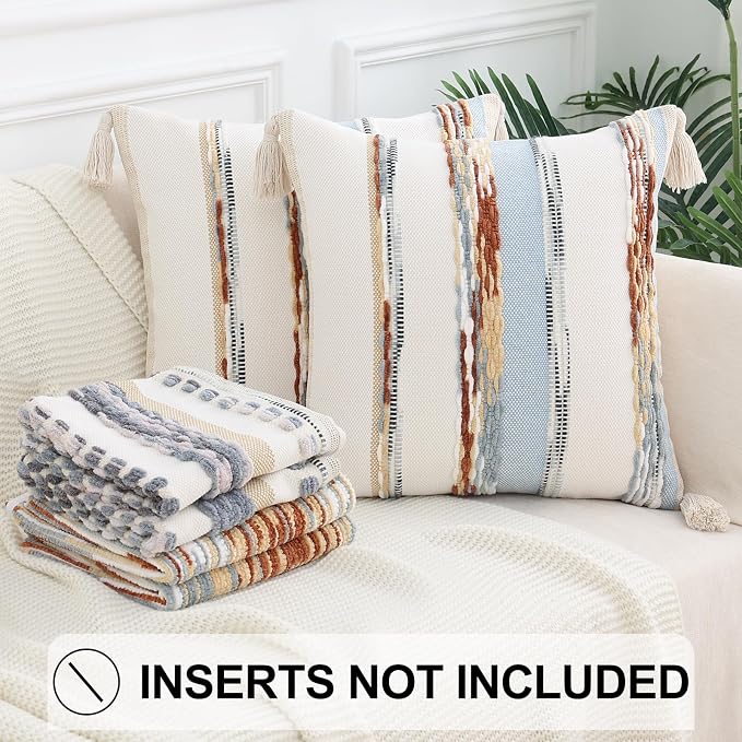 Simmore Fall Boho Decorative Blue Throw Pillow Covers 18X18 Set of 2 | Tufted Accent Modern Farmhouse Neutral Pillow Covers with Tassels for Cozy Bohemian Couch Sofa Bedroom Home Decor