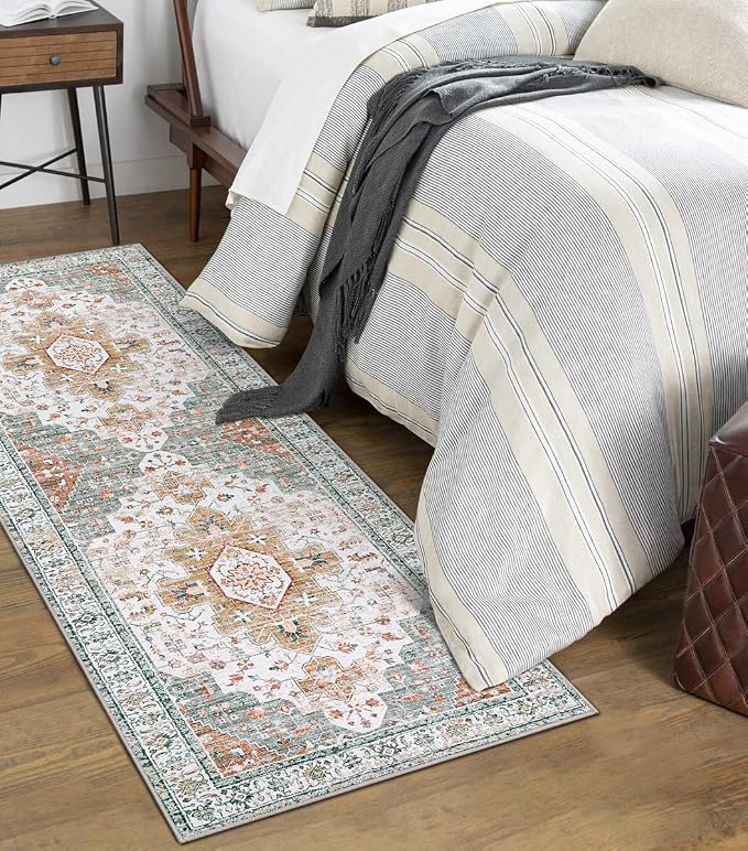 Moynesa Ultra-Thin Washable Runner Rug - 2x6 Bathroom Runner Washable Laundry Room Rug Printed Entryway Carpet Runner, Vintage Pet Friendly Low Pile Runners for Living Bedroom Kitchen, Beige/Gold