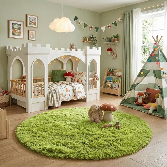 Grass Green Round Rug 4Ft for Bedroom, Fluffy Shag Circle Area Rugs for Kids Room Classroom Nursery, Cool Living Room Decor Aesthetic, Cute Fuzzy Moss Floor Carpet for Preppy Dorm Apartment, Circular