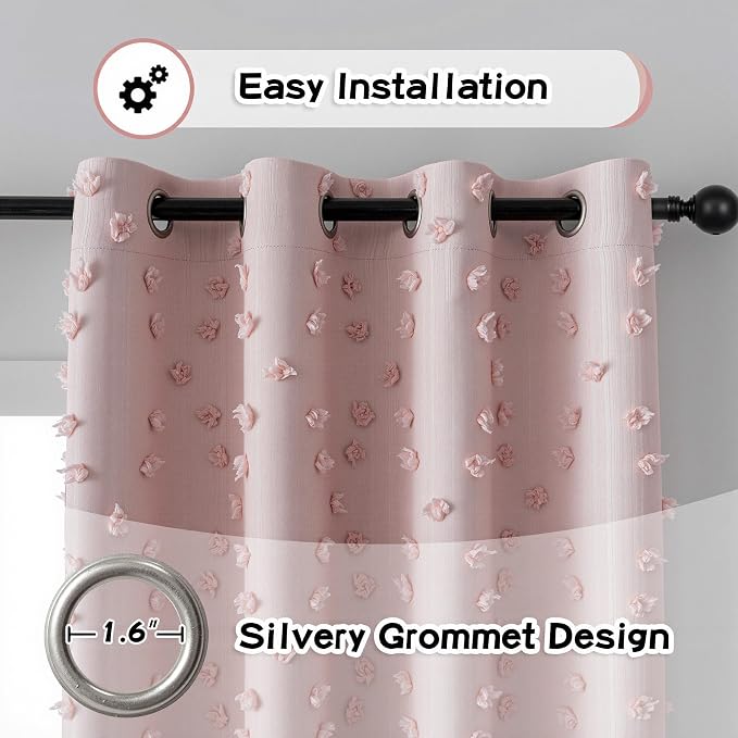 MYSKY HOME Blush Pink Pom Pom Blackout Curtains for Girls Bedroom 63 Inch Long 100% Room Darkening Curtain for Kids Room 2 Panels Small Window Treatment Grommet 2 Layered Drapes Toddler 52W x 63L