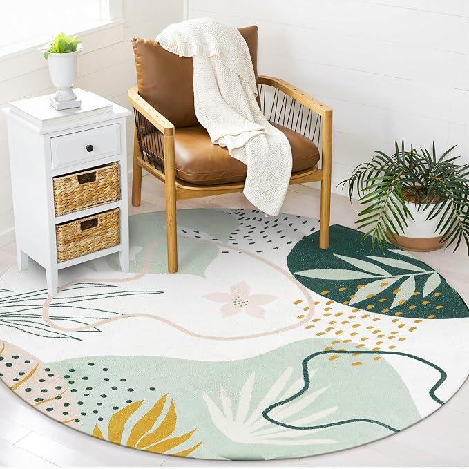 Lahome Green Washable Round Rug - 7Ft Round Area Rug for Living Room Throw Soft Boho Round Rug Large Non-Slip Round Dining Room Rug, Botanical Print Floor Round Carpet for Bedroom Office (Pink,7'x7')