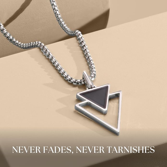 Galis Mens Necklace - Premium Stainless Steel Silver Chain Necklace, Non Tarnish, Chains, Triangle, Cross, Black Enamel, Compass Pendant, Stylish Jewelry - Gift for Him 24"