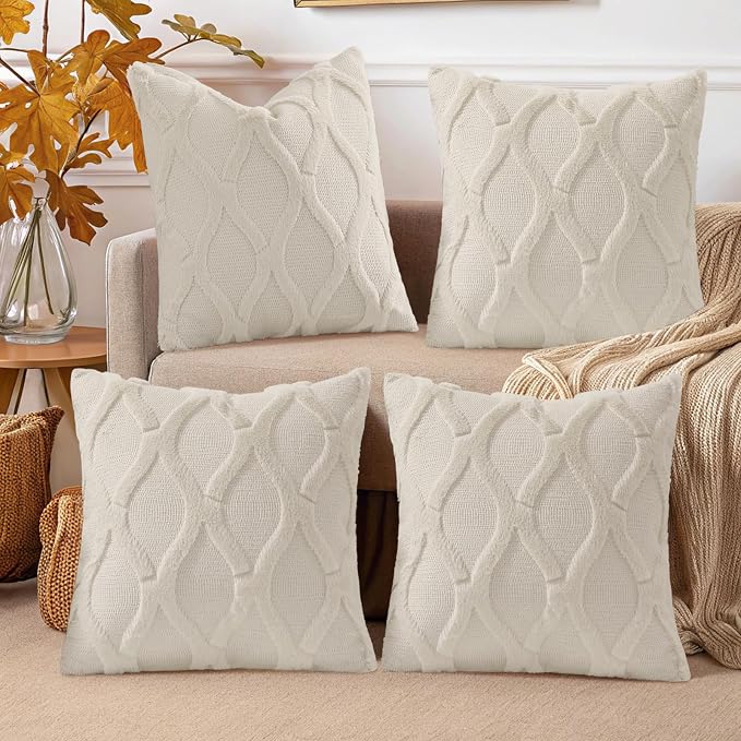 decorUhome Set of 4 Faux Fur Beige Throw Pillow Covers 18x18 | Neutral Decorative Soft Plush Couch Pillow Covers, Farmhouse Pillow Cases for Living Room Bed Sofa