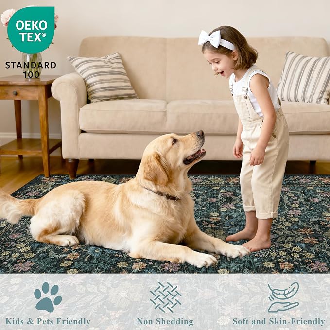 DUKINO 2.6x8 Runner Rug, Washable Vintage Floral Kitchen Rug, Blue | Non Slip, Low Pile, Non-Shedding, Stain Resistant, Soft Throw Carpet Runner for Hallway Bathroom Laundry Entryway Farmhouse