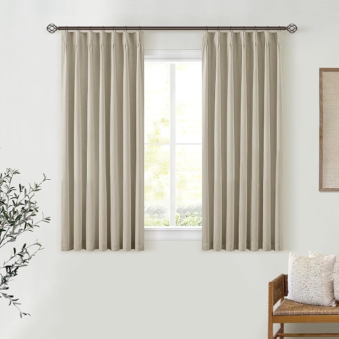 Burlywood Birch Pleated 100% Blackout Linen 45 Inch Curtains with Liner | Memory Trained Pinch Pleat, Thermal Insulated, Noise Reducing, Greyish Beige Black Out Curtains for Cafe Kitchen 2 Panels