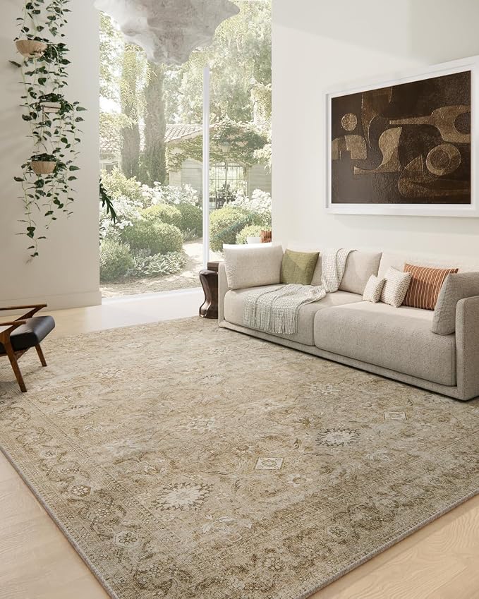 9x12 Area Rug Living Room: Washable Rug Non Slip Low Pile Soft Faux Wool Non Shedding Distressed Vintage Floral Large Carpet for Bedroom Dining Room Kitchen Nursery Under Table Farmhouse Home Office
