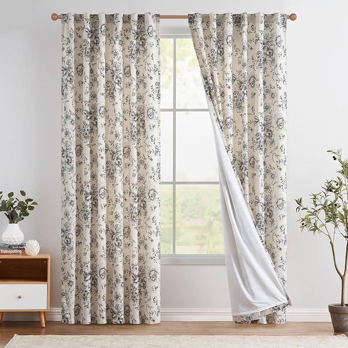 jinchan Black Floral Linen Curtains Lined 84 Inch Vintage Back Tab 2 Panels | Privacy lining, light filtering drapes, vintage, cottagecore, french country, rustic, bedroom, living room, window treatment