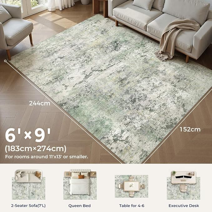 DMOYEST Area Rug Living Room Rugs - 6x9 Large Soft Indoor Neutral Modern Abstract Low Pile Washable Rug Carpet for Bedroom Dining Room Farmhouse Home Office - Green/Grey/Yellow