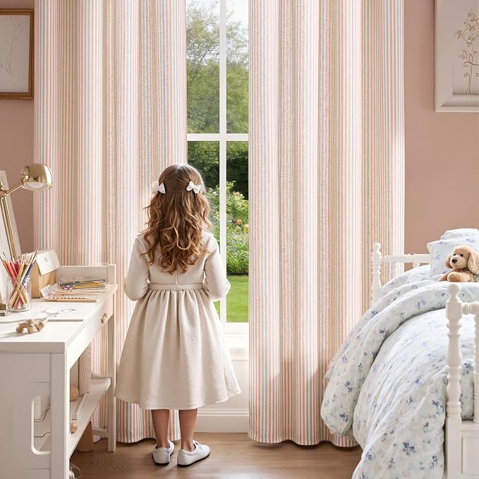 Vangao Linen Stripe Nursery Curtains for Kids Tickingstripe Light Filtering Window Curtains Colorful Pink Pinstripe Printed Drapes 63 Inches Long for Living Room Girls Bedroom Dorm 2 Panels