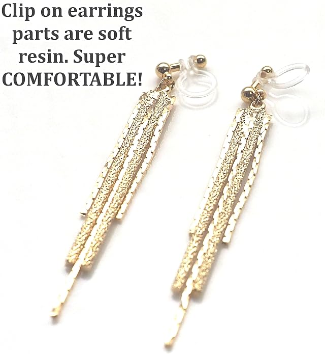 Comfortable Stick Invisible Clip On Earrings Gold Dangle Long Waved Threader Bar Clip-On Non Pierced Earrings Silver For Women,…