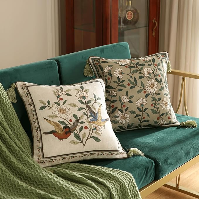 ISAENNE Designer Elegant Linen Throw Pillow Cover,Set of 4-Brune Set | French Cottage Pillow Cover,Concealed Zipper,Floral Pattern,Sofas,Bedroom,Living Room,Lounge Chairs,All Season Home Decor