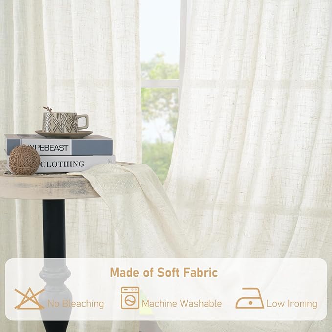 LAMIT Semi Sheer Linen Curtains 40 Inch Length for Cafe, Light Filtering Panels Back Tab and Rod Pocket Neutral Drapes for Bathroom/Kitchen, 25 x 40 Inch, Cream, 2 Panels