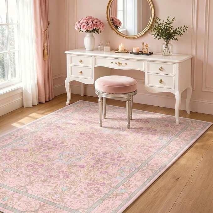 Vintage Washable Light Pink Area Rugs for Bedroom Under Bed, Living Room, Nursery, Kitchen, Entryway, Low Pile Non Slip Stain Resistance Distressed Retro Indoor (Light Pink, 4 x 6)