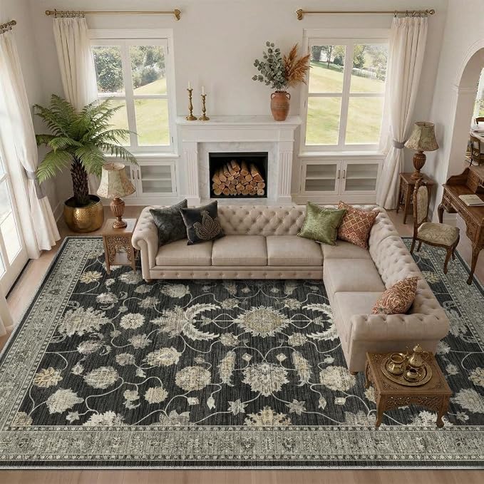 9x12 Area Rug for Living Room-Vintage Farmhouse Boho Floral Washable Stain Resistant Indoor Carpet for Bedroom Office and Home Decor(Black&Gold)