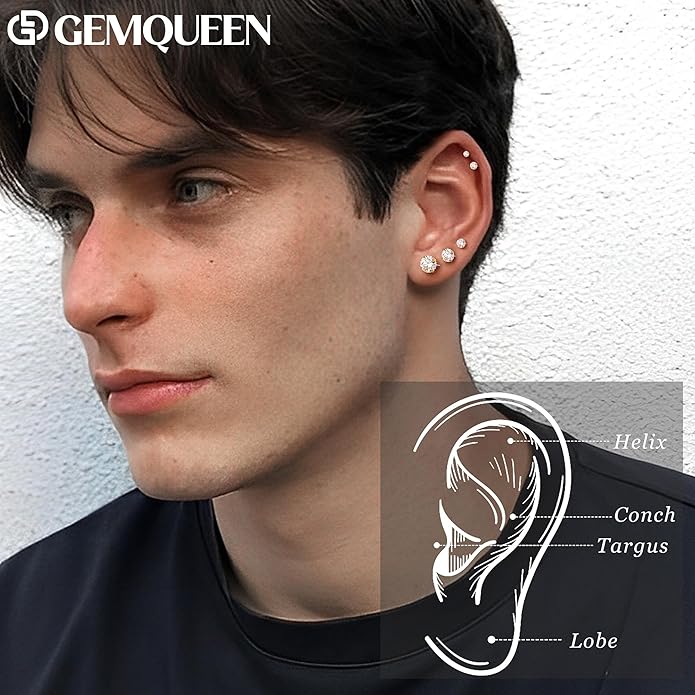 GEMQUEEN Moissanite Earrings G23 Titanium Extended Internal Thread Flat Back Earrings Hypoallergenic Tragus Cartilage Helix Conch Piercing Jewelry for Women Men 18G 6/8mm Post Gray/D Color 0.2-3CT