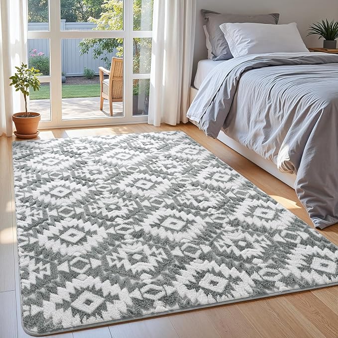 Macgace Soft Area Rug for Girls Bedroom, 4x6 Grey and White Shag Rugs | Washable Non-Slip Backing Medium Pile Modren Geometric Fuzzy Carpet for Kids Room, Classroom, Living Room, Dorm