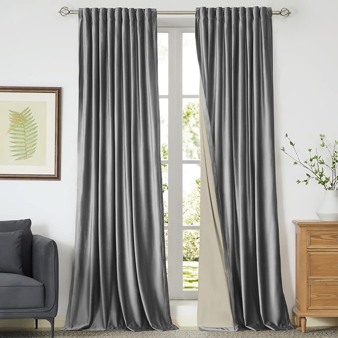 PRIMROSE 100% Blackout Grey Velvet Curtains Drapes 96 inch Long for Living Room,Set of 2 Panels Liner Rod Pocket Back Tab Thermal Window Curtains Room Darkening Heavy Decorative Curtains for Bedroom