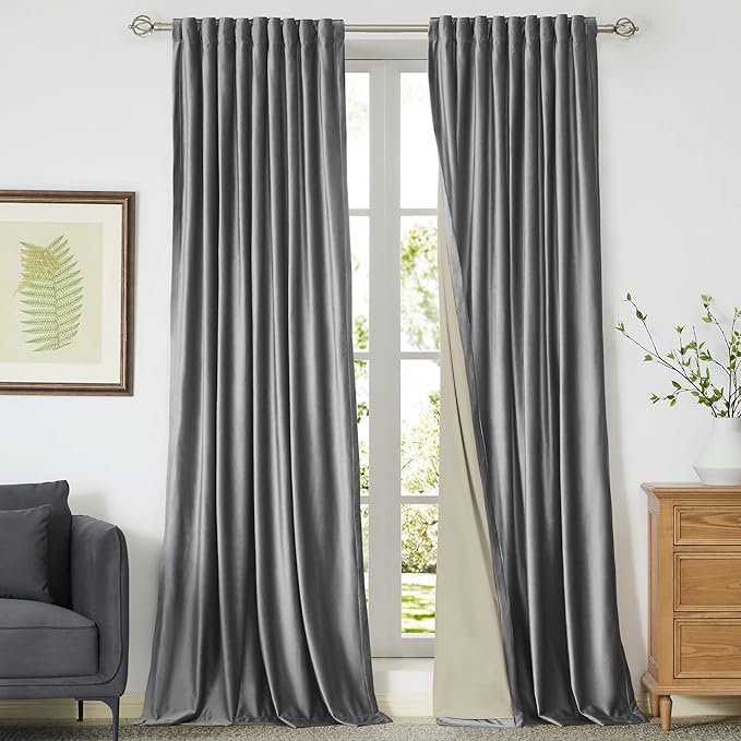 Grey Blackout Velvet Curtains 72 inch for Living Room,Full Blackout Elegant 2 Panels Back Tab Thermal Insulated Room Darkening Liner Curtain Heavy Noice Reducing Soundproof Window Drapes for Bedroom